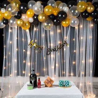SKYWINS Black And Gold Balloon Decoration Combo Kit With White Net Curtain and Light