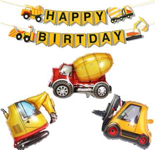 Rozi Decoration Construction Birthday Theme Crane, Mixer Truck, Excavator Balloons Decorations