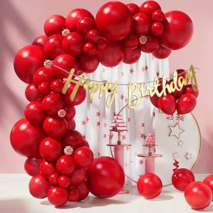 R G ACCESSORIES Red Balloons, Happy Birthday Cursive Banner Decoration Kit With Arch Pack Of 52