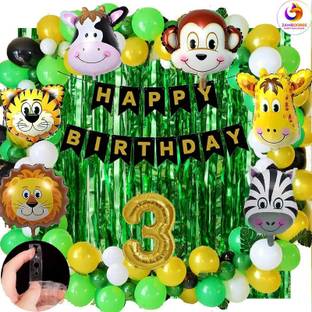 ZAMBOOREE Green 3rd / 3 Year Birthday Decoration for Girl and Boy 6 Animal foil Balloons