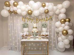 PARTY MIDLINKERZ White & Gold Birthday Decoration items kit combo white net Curtain backdrop