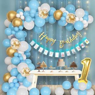 PARTY MIDLINKERZ 1st/First Birthday Boy Photo Banner Decoration Kit with White Net and Led Light