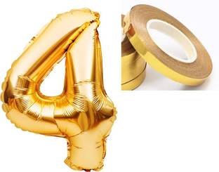 PARTY MIDLINKERZ Solid Golden '4' number Numerical Foil Balloon with Ribbon for Celebration (Gold, Pack of 2)