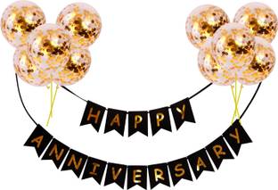 PARTY MIDLINKERZ Solid Happy Anniversary Balloons Decoration Kit 11 Pcs, 1 set of Black "Happy Anniversary" Banner Bunting and 10pcs Confetti Balloon Set for Husband Kids Boys Balloons Decorations Items Combo with Banner bunting, Confetti Balloons (Multicolor, Pack of 11)