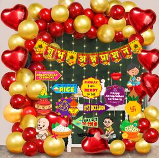 R2R Shubh Annaprashan Decorations Items Banner Balloon Photo Booth Props Red & Gold