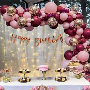 Fun and Flex Pink and Maroon Birthday Decoration Kit with White net curtain & Fairy Light