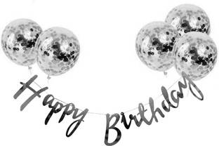 Rozi Decoration Ultimate Black Birthday Party Decoration Combo, 1 Cursive Banner and 5 Confetti Balloons, Unique Set matches all age group