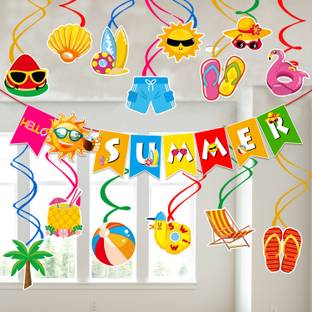 ZYOZI Summer Party Decorations Kit - Banner & Colorful Hanging Swirls (Pack Of 15)