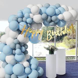 R G ACCESSORIES Blue White Grey Balloons, Happy Birthday Decoration Kit With Arch Pack Of 50