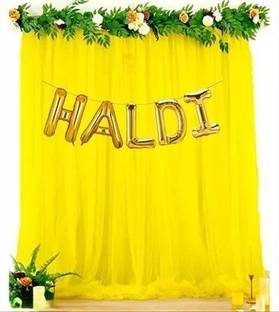 Fun and Flex Haldi Yellow Net Decoration with Ribbon for Wedding Engagement ceremony