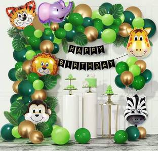 SOI Jungle Safari Green Theme Birthday Decoration Kit with Animals Face Foil Balloons, Happy Birthday Banner, Leaf and Balloons