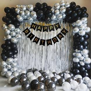 GENX Black&white 50balloon birthday decoration set, HBD banner,silver curtain