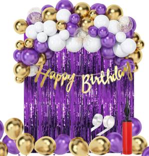 R G ACCESSORIES Golden Purple White Balloons, Happy Birthday Banner Decoration Kit (Pack Of 67)