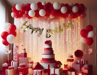 Balloon and you Happy Birthday Decoration kit Set Combo with White Net & Led Light