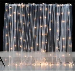 Fun and Flex Tulle White Net Curtain cloth backdrop and LED Fairy Lights Birthday Combo