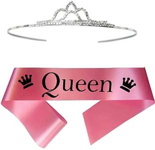 Unique Creations Queen Pink Sash with Diamond crown Tiara For WOmen & Girls