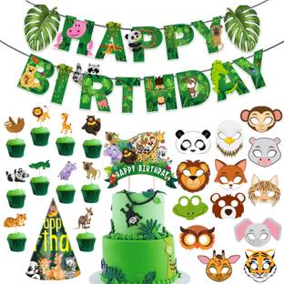 ZYOZI Jungle Birthday Decorations Set- Banner, Cake Toppers, Masks & Cap (Pack of 26)