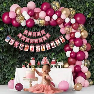 Fun and Flex 64 Pcs Burgundy Pink Balloons 1st birthday decoration with monthly Photo banner