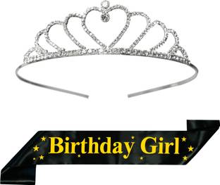 Unique Creations Birthday Girl Black Sash & Heart Shape Diamond Studded Crown For Girls & Womens
