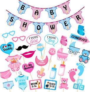 ZYOZI Baby Shower Decorations Props Material Combo 1 Set Baby Shower Banner and 30 Pcs Photo Booth Props for Gender Reveal,Pregnancy Announcement - Babyshower Mom to Be Photoshoot Combo (Set-31)