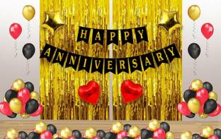 Realistic Store Solid Happy Anniversary Black Banner 2 Pcs Golden Curtain 4 Pcs Heart & Star Foil with 40 HD Metallic Balloons for Party Decorations Kit Balloon