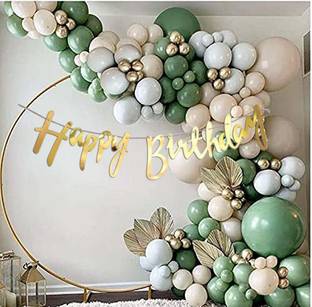 R G ACCESSORIES White Green Grey Balloons, Happy Birthday Banner Decoration Arch Kit Pack Of 100