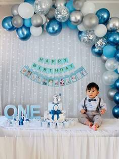 Fun and Flex Blue and White Pastel Birthday Decorations Combo Kit With Net Curtain And Light
