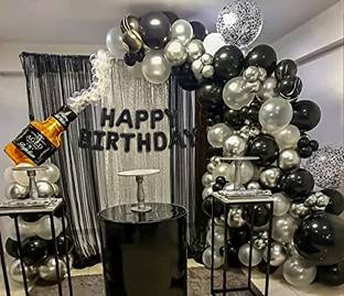 PARTY MIDLINKERZ Solid Black and White Happy Birthday Decoration Kit with Champagne Bottle Balloon