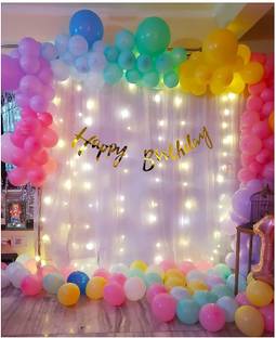 Fun and Flex MultiPastel Theme Birthday Decorations Kit with White curtains and Fairy Light