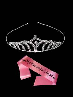 Orama Birthday Princess Pink Satin Sash Ribbon and Diamond Studded Crown XZ523