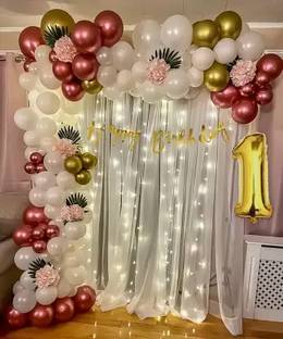 PARTY MIDLINKERZ Girls 1st First Happy Birthday Decoration kit 69 Pc With Net Curtain & Led Light