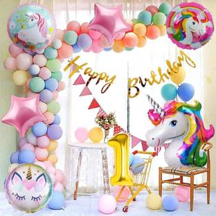 PARTY MIDLINKERZ No 1 Gold Balloons with Unicorn Party Theme Birthday Decoration Items Set Kit