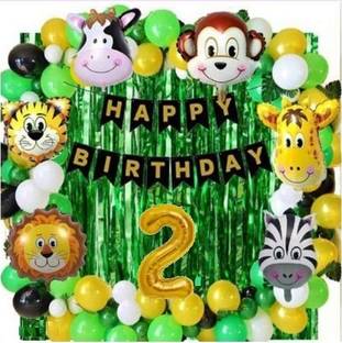 Balaji Solid JungleTheme Second Happy Birthday Decoration Set-Ballon,Curtain,letterfoil Balloon