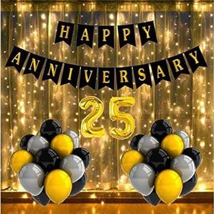 Fun and Flex No. 25 Gold Foil Balloons with Happy Anniversary Decoration Items or Kit
