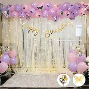 LOONS PEDDLER Birthday Decoration Kit with Net Curtain cloth, 3D Butterflies and Fairy Lights