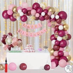ANILOONS Florid Birthday Decoration Kit for Girls - Burgundy White & Pink Pastel