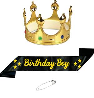 Decofy King Crown & Premium Black Birthday Boy Sash For Boys & Mens With Pin