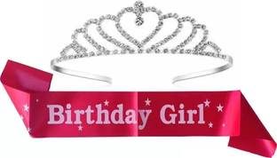 Unique Creations Birthday Girl Pink Sash & Heart Shape Diamond Studded Crown For Girls & Womens