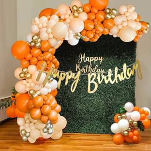 R G ACCESSORIES Peach Orange White Balloons, Happy Birthday Banner Decoration Kit Pack Of 40