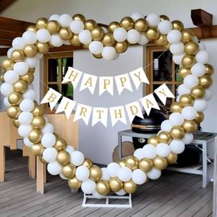 DECOR SPARKS 104pcs White Golden Heart Shape Birthday Balloons & Banner