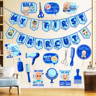 ZYOZI My First Hair Cut Ceremony Decorations For Boy-Banner & Photo Booth (Pack Of 17)