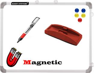 Mahit Systems Magnetic Kunj 2X2 ft. Whiteboard Excellent Erasibility with No Ghost-marks,Sliding Hanging Clips with Robust Aluminium Frame Finishin, High Scratch-resistance and Maximum Readability with Minimum Glare Along with 1 Marker and 1 Magnetic Duster Whiteboard (White) White board