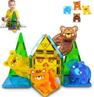 Wembley Magnetic Building Tiles Jungle Safari Construction Set Kids STEM Learning - 27Pc