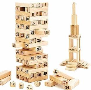 HIM TAX Jenga (Tumbling Tower) 54 pieces Numbered Wooden Blocks with 4 Dices, Stacking Game (Beige)