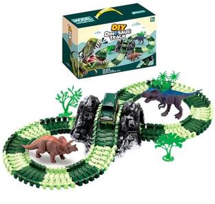 Happy Hues Dinosaur Toy Track Set for Kid 117-pcs Flexible Race Track Playset with Dinosaur