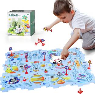 Happy Hues 15 PCS Car Puzzle Track Set for Kids with A Cute Vehicle Toddler Puzzle Track