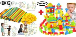 ARIZON 2 in 1 Combo of 60 Pcs DIY Building Blocks and 200 pcs Straw Assembly Blocks