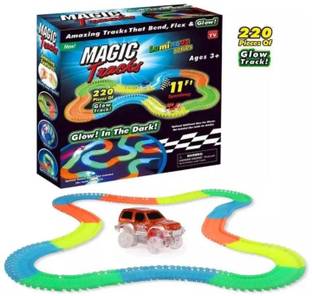 TRU TOYS Magic Race Tracks Bend Flex Toy 11ft Glow in Dark Speedway Set with Cars 220 Pcs