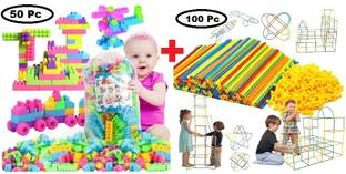 Pureey 2 in 1 Combo of 50 Pcs DIY Building Blocks and 100 pcs Straw Assembly Blocks