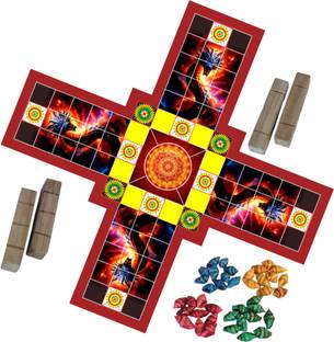 agilan Foldable Wooden Thayam Game Board -1 / Seashells-40pcs/ Wooden Dice-2 Board Game Accessories